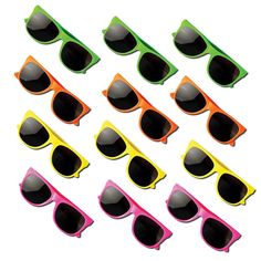 six pairs of neon colored sunglasses with black lenses on white background, each one in different colors