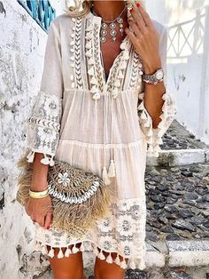 3/4 Sleeve V Neck Holiday Boho Smock Dress Lace Dress Boho, Fringe Mini Dress, Beach Mini Dress, Sweet Lady, Shift Dresses, Womens Shift Dresses, Khaki Dress, Mini Dress Casual, Summer Party Dress