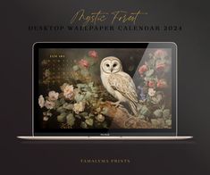 an owl is sitting on top of a flowered branch with the words desktop wallpaper calendar 2012