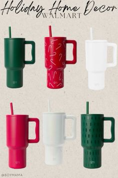 four different colored cups with handles and straws on them, all in different colors