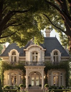 a large white house surrounded by trees and bushes