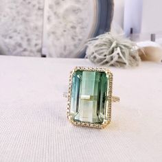 green tourmaline ring in 14k yellow gold with diamonds Luxury Tourmaline Emerald Ring, Luxury Green Tourmaline Emerald Ring, Luxury Yellow Gold Tourmaline Rings, Yellow Gold Tourmaline Emerald-cut Ring, Polished Green Tourmaline Jewelry, Green Tourmaline Ring, Green Ombre, Fresh Green, Yellow Gold Setting