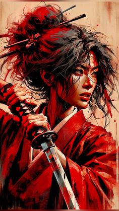 Ai generated digital artwork of a woman in a red kimono with hair in disarray, holding a katana with a focused expression, amidst a dynamic red and beige background. Red Kimono, Samurai Artwork, Geisha Art, Red And Beige, Female Art Painting, Samurai Art, Japanese Tattoo Art