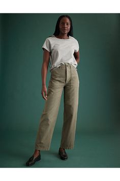 Constructed from vintage-inspired organic reverse twill in a natural undyed color/Waist tab adjusters, front patch pockets, and back button-flap patch pockets/Sustainable hardware and trims/Button fly Retro Wide Leg Cotton Cargo Pants, Retro Workwear Bottoms With Patch Pockets, Retro Cotton Cargo Pants With Side Pockets, Retro Cotton Cargo Pants With Pockets, Khaki Mid-rise Bottoms For Everyday, Mid-rise Khaki Bottoms For Everyday, Everyday Mid-rise Khaki Bottoms, Vintage Cotton Cargo Pants With Patch Pockets, Khaki Cotton Utility Jeans