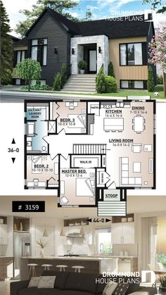 the floor plan for a modern house with two levels and an open concept living area