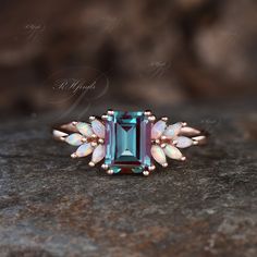 Alexandrite And Opal Ring, Emerald Cut Gemstone Engagement Ring, Cocktail Engagement Ring, Alexandrite Engagement Rings, Wedding Ring Opal, Alexandrite Wedding Band, Alexandrite Wedding Ring, Opal Wedding Ring, Engagement Ring Marquise