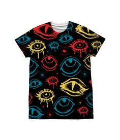 Clowncore Eyes All over Print Shirt  Usually dispatched in 5 working days or sooner Black tee with pink eyes front and back White base tee with black print Unisex Free UK delivery Material: 100% polyester. - Unbranded. - Fashion fit. - Crew neck. - Side seams for enhanced fit. - Self fabric back neck and shoulder tape. Weight: 180 gsm. Grunge Multicolor T-shirt For Streetwear, Multicolor Band Merch Top With Graphic Design, Multicolor Graphic Design Top Band Merch, Halloween Multicolor Top With Sublimation Print, Multicolor Halloween Top With Sublimation Print, Multicolor Sublimation Print Top For Halloween, Multicolor Grunge T-shirt For Streetwear, Grunge Multicolor Streetwear T-shirt, Rave Tops With Graffiti Print For Streetwear