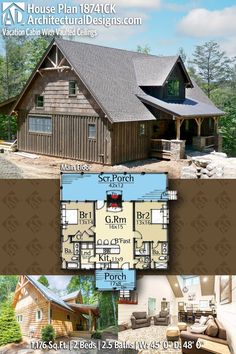 the floor plan for this log cabin home is shown in two different views, and has three