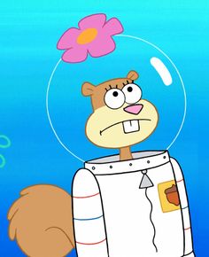 a cartoon character with a flower on his head in front of a blue ocean background