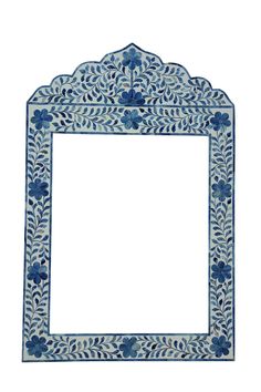 an ornate blue and white frame with flowers on the border, isolated against a white background