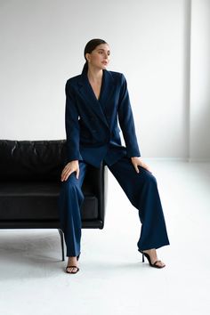 Two Piece Wedding Guest Pantsuit.matching Set With Blazer and Pants. Palazzo Pants Suit. Bridesmaids Pants Suit. Dark Blue Formal Pants Suit - Etsy Wedding Suit Women Guest, Navy Pantsuit Women, Dark Blue Women Suit, Tailored Blue Wide Leg Pants For Formal Occasions, Tailored Wide Leg Blue Pants For Formal Occasions, Elegant Blue High-waisted Wide Leg Pants, Elegant High-waisted Blue Wide Leg Pants, Elegant Dress Pants For Wedding, Elegant Blue Pantsuit For Wedding