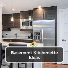 a kitchen with stainless steel appliances and wooden flooring, along with the words basement kitchenette ideas