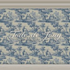 a blue and white wallpaper with the words toile de jouy