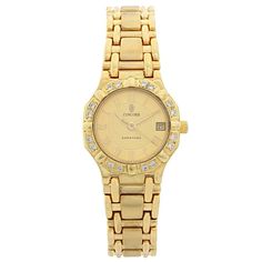 Women's Concord Sarento 24mm Solid 18K Yellow Gold Band Watch, with Roman Numeral Gold Dial, and Diamond Bezel. Includes Mahogany Box. Brand: Concord. Case Back: Solid. Gender: Women's. Condition: Pre-Owned. Dial Color: Yellow Gold. Case Dimensions: 24mm. Bracelet / Strap: Solid Gold. Bracelet Size: 5.3/4 (inches). Bezel Color: 18K Yellow Gold. Condition: Excellent Condition. Movement: Quartz (Movement). Metal Type: 18K Gold Solid Gold. Warranty: 1 Year Limited Warranty. Yellow Gold Diamond Watch With Metal Dial For Formal, Yellow Gold Diamond Watch For Formal Occasions, Zenith Watches, Solid Gold Bracelet, White Gold Sapphire, Roman Numeral, Jewelry Repair, Womens Wedding Bands, Custom Jewelry Design