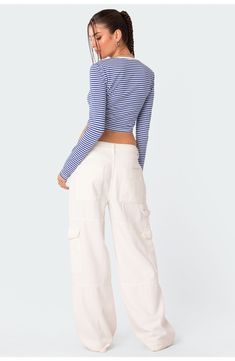 This stretchy cotton crop top is crafted with long sleeves and allover stripes that make it perfect for wearing solo or layering up. Crewneck Long sleeves Cotton/spandex Machine wash, line dry Imported Fitted Cotton Long Sleeve Crop Top, Fitted Long Sleeve Cotton Crop Top, Striped Long Sleeve Crop Top For Fall, Fitted Cotton Long Sleeve Top, Casual Cropped Long Sleeve Top In Cotton, Trendy Long Sleeve Cotton Crop Top, Cropped Long Sleeve Cotton Top For Fall, Casual Cropped Long Sleeve Cotton Top, Striped Cotton Crop Top