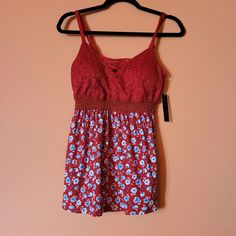 Size Medium (7-9) Red With Blue And White Floral Lace Front And Cross Design Long Top Supportive Removable Bra Cups Adjustable Straps Never Worn With Tag Red Camisole Top For Vacation, Red Cotton Camisole Top, Red V-neck Top With Lace Trim, Red Lace Trim Top For Summer, Red Lace Trim Tops For Spring, Lace Top Blouse, Blue And White Floral, Cross Design, Cross Designs