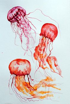 watercolor painting of jellyfish on white paper with orange and pink inks in it