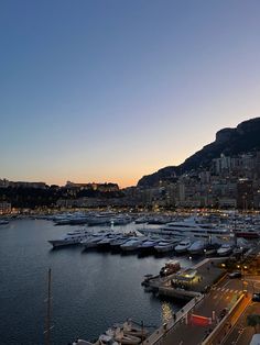 a harbor filled with lots of boats next to a city covered in tall buildings at dusk