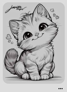 a black and white drawing of a kitten with hearts on it's tail, sitting down