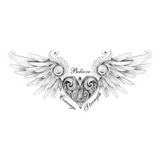 an angel heart with wings and the words believe in white ink on a white background