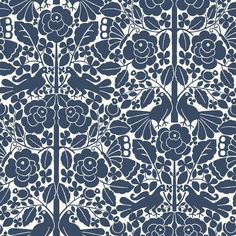 a blue and white wallpaper with flowers on it