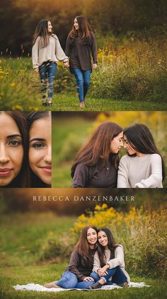 two women are sitting on the grass and one woman is kissing her face while another woman looks at her