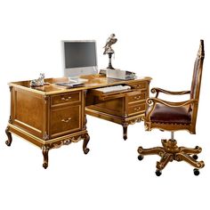 an old fashioned desk with a computer and chair in front of the desk is made out of wood