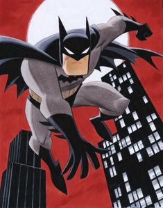 a drawing of batman flying through the air with city buildings in the backgroud