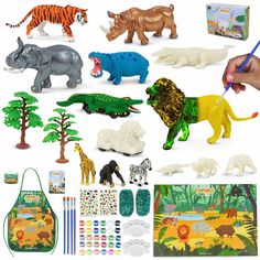 various toy animals are shown in this image