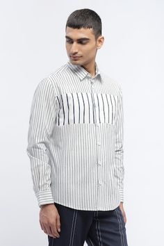 White pure cotton shirt with stripe print. - Aza Fashions White Shirt With Horizontal Stripes In Relaxed Fit, White Horizontal Stripe Relaxed Fit Shirt, Casual White Shirt With Signature Stripes, Long Sleeve Cotton Shirt With Horizontal Stripes, White Relaxed Fit Shirt With Vertical Stripes, White Cotton Shirt With Horizontal Stripe Pattern, White Cotton Shirt With Horizontal Stripes, Men Shirts, Stripe Shirt