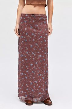 UO Floral Mesh Low Rise Column Maxi Skirt | Urban Outfitters Cheap Short Length Skirt From Urban Outfitters, Affordable Chic Skirt By Urban Outfitters, Skirt Floral, Floral Maxi Skirt, Brown Women, Satin Bow, Bow Detail, Floral Printed, Low Rise