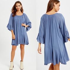 Adorable Flounce Sleeve Swing Blue Dress For The Summer Days! - Softest Rayon, Feels Silky And Light. - Round Neck - Ruffles On Sleeve And Bottom Hem - 3/4 Bell Sleeves - Lined - Models Are Wearing A Size Small ( 5.7" Tall) S: Length: 35" Approx. ( Irregular Edge) Roomy In Bust Area. Bohemian Style Dress For Your Get Away. Blue Bohemian Shift Mini Dress, Blue Shift Mini Dress For Summer, Blue Flowy Mini Dress For Fall, Chic Blue Shift Mini Dress, Light Blue Flowy Mini Dress For Brunch, Blue Flowy Midi Dress For Day Out, Blue Shift Mini Dress, Casual Flowy Light Blue Mini Dress, Blue Shift Dress Mini Length