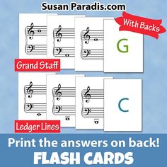 four flash cards with music notes and the letter g on them, which are labeled in red