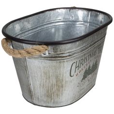 a metal bucket with rope hanging from it