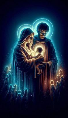 the virgin mary and child jesus are surrounded by many other people in blue light, with glowing