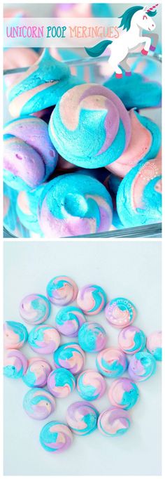 unicorn poop meringues with blue and pink icing