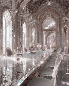 an elaborate dining room with white chairs and chandeliers