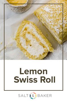 lemon swiss roll with powdered sugar on top