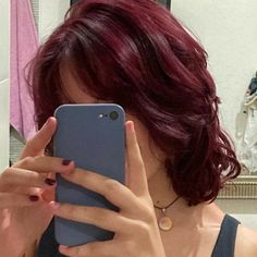 Maroon Hair Color Short Hair, Red Hair Color On Dark Hair, Dark Red Hair On Short Hair, Red Shirt Hair With Bangs, Cherry Red Dyed Hair, Dark Cherry Hair Aesthetic, Cherry Red Purple Hair, Red Dye For Dark Hair, Red With Purple Hair