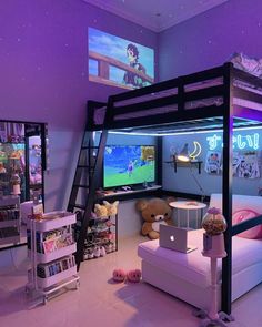 a bedroom with bunk beds and purple lighting in the ceiling is furnished with video game memorabilia