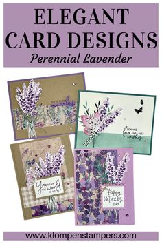 some cards with flowers on them and the words elegant card designs personal lavender written in white