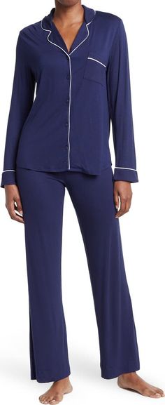 NORDSTROM RACK Tranquility Long Sleeve Shirt & Pants Two-Piece Pajama Set | Nordstromrack Fitted Cotton Sets For Relaxation, Comfortable Long Sleeve Casual Sleepwear, Casual Long Sleeve Comfortable Sleepwear, Blue Long Sleeve Sets For Relaxation, Comfy Stretch Solid Color Sleepwear, Stretch Cotton Sets For Relaxation, Cotton Full-length Relaxed Fit Sleepwear, Comfortable Relaxed Fit Long Sleeve Set, Blue Long Sleeve Stretch Sleepwear