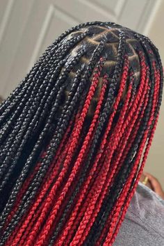 Peekaboo Braids Braided Hairstyles Peekaboo Red, Hair Styles Braids With Color, Red Peak A Boo Hair Braids, Braids For Black Women Red And Black, Black Red Box Braids, Red And Black Braids Black Women, Peekaboo Box Braids Red And Black, Braids With Red In The Back, Red Skunk Stripe Knotless Braids