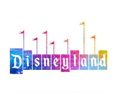 the word disneyland painted in watercolor on a white background with several flags flying from it