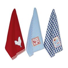 three kitchen towels with roosters on them, one red and one blue checkered