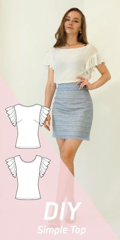 DIY sewing tutorial and pattern. Womens silk top, tank top, ruffle sleeve top, peplum top. Smart casual top. Illustrated sewing tutorial. PDF sewing pattern available. Instant download. Easy sewing tutorial. Beginner sewing pattterns. Womens Top Sewing Pattern