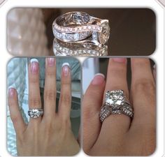 three different views of an engagement ring and wedding band with diamonds on each one hand