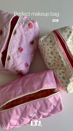 three purses sitting next to each other on top of a white surface with the words perfect makeup bag