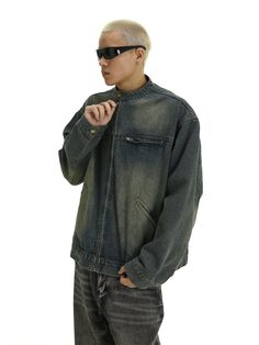 Model is 5ft 9''(176cm) tall, 145 lbs(66kg) weight and wearing a size L168cm 59kg wearing a size M - DENIM- BLUE- Zip-up- Motorcycle style- Loose fit Men's Winter Outfits, Blue Motorcycle, Unique Clothing Style, Winter Outfits Men, Motorcycle Style, Japanese Street Fashion, Style Hoodie, Round Neck Sweaters, Grey Khakis