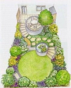 a drawing of a garden with steps and trees